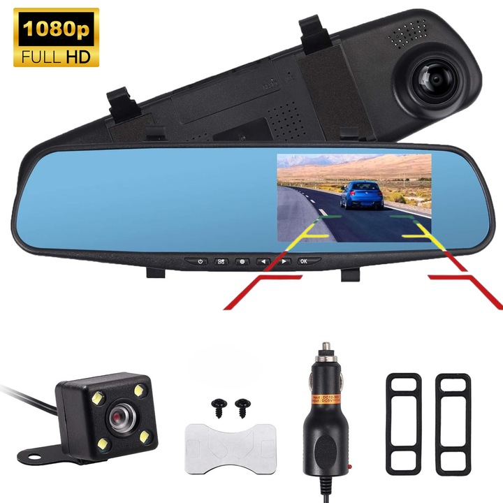 Видеорегистратор Infinityea, разширена видимост-отпред 120 и отзад 170 градуса, Full HD 1080P, G-сензор, нощно виждане, помощ при паркиране, 6 лещи, автоматичен запис, черен