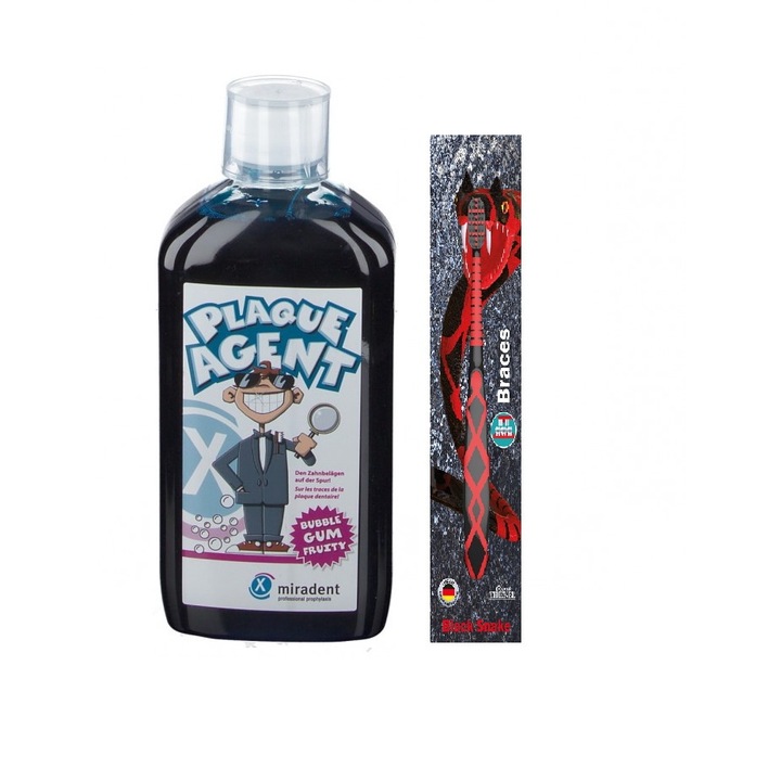 Miradent Plaque Agent Solution Set за контрол на плака, 500 ml и ортодонтска четка за деца 7 години +