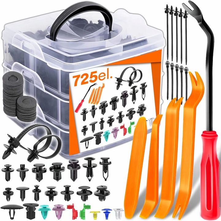 Set 725 clipsuri si scule demontat NewEvo, pentru interior auto, radio, fete de usa, panou de bord, plastic, universal