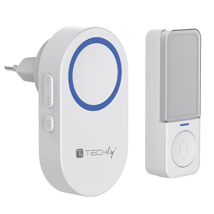 Kit sonerie wireless de pana la 180 m, rezistenta apa IP56, 64 de melodii, nu necesita baterii, Alb, Techly, I-BELL-RING05
