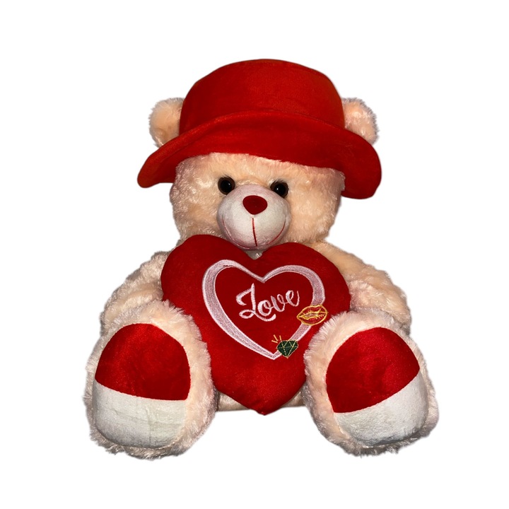 Urs De Plus ROSU Crem-Rosu 50 cm, Cu Palarie Eleganta, Inima „Love” – Jucarie Moale, Cadoul Perfect Pentru Persoana Iubita