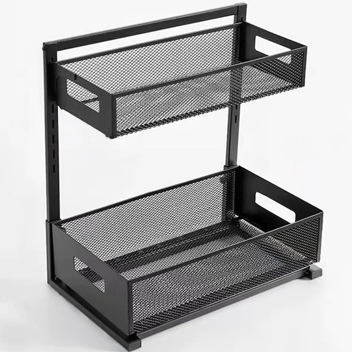 Elindor® 2-етажен метален плъзгащ се рафт, Кухненска организация, Почистващи препарати, Черен