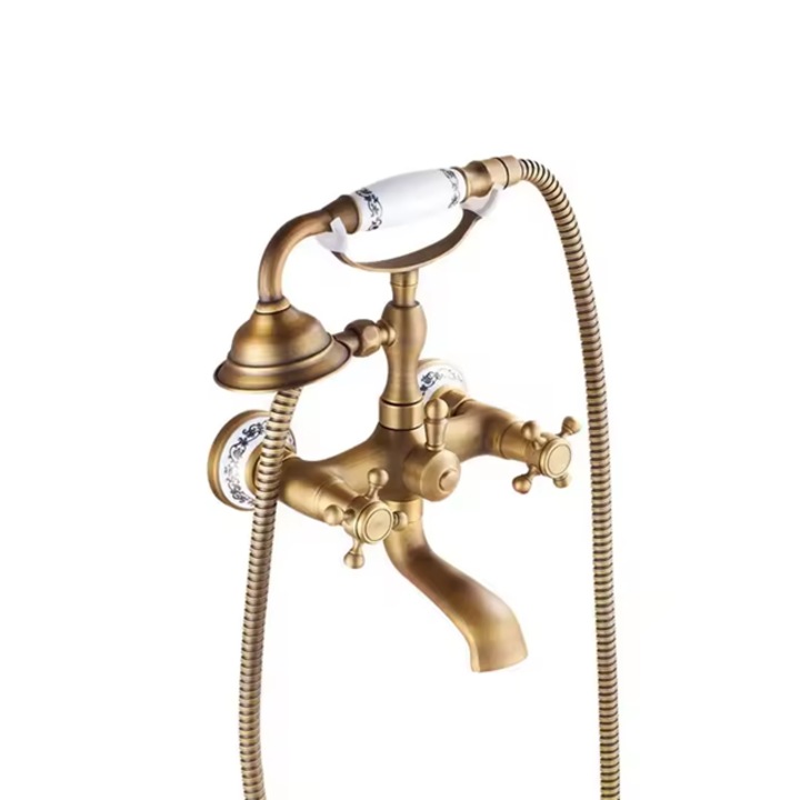 Set de Dus Antic, stil Telefon, Ornament Ceramic, Baterie pentru Cada si Dus de Mana, 2 functii curgere, bronz antichizat, din Alama, Rain Drop de la RobinetulMeu