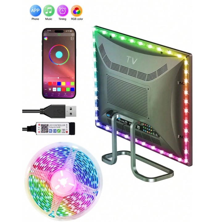 Banda led RGB 5m, Buletooth, aplicatie pe telefon, mod muzica, timer, microfon, intensitatea luminii reglabila, interior, autoadeziva