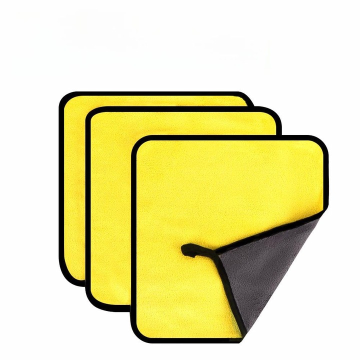 Set de 3 prosoape/lavete profesionale DIGIMAT®, din microfibra, super absorbante, uscare rapida, nu lasa urme, detailing si curatare masina /uz casnic, material moale, 2 fete, plusat, densitate 500 GSM, usor de intretinut 30x30 cm, galben gri
