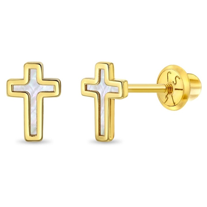 Cruciulita fülbevaló, 14K arany gyöngyház színű lányoknak, biztonságos csavaros zárással