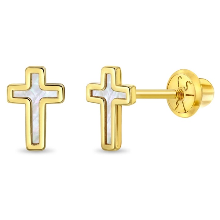 Cercei din Aur 14K pentru Bebelusi si Copii, model Cruciulita cu Sidef de Perla, inchidere cu Filet si Protectie