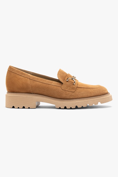 RYLKO, Pantofi loafer din piele intoarsa cu toc masiv, Maro camel, 39