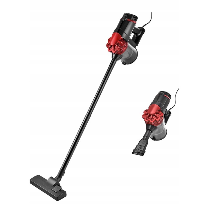 Aspirator vertical Venga, model VG HVC 3001, 2 in 1, fara sac, filtru HEPA, putere 600 W, negru cu detalii rosii