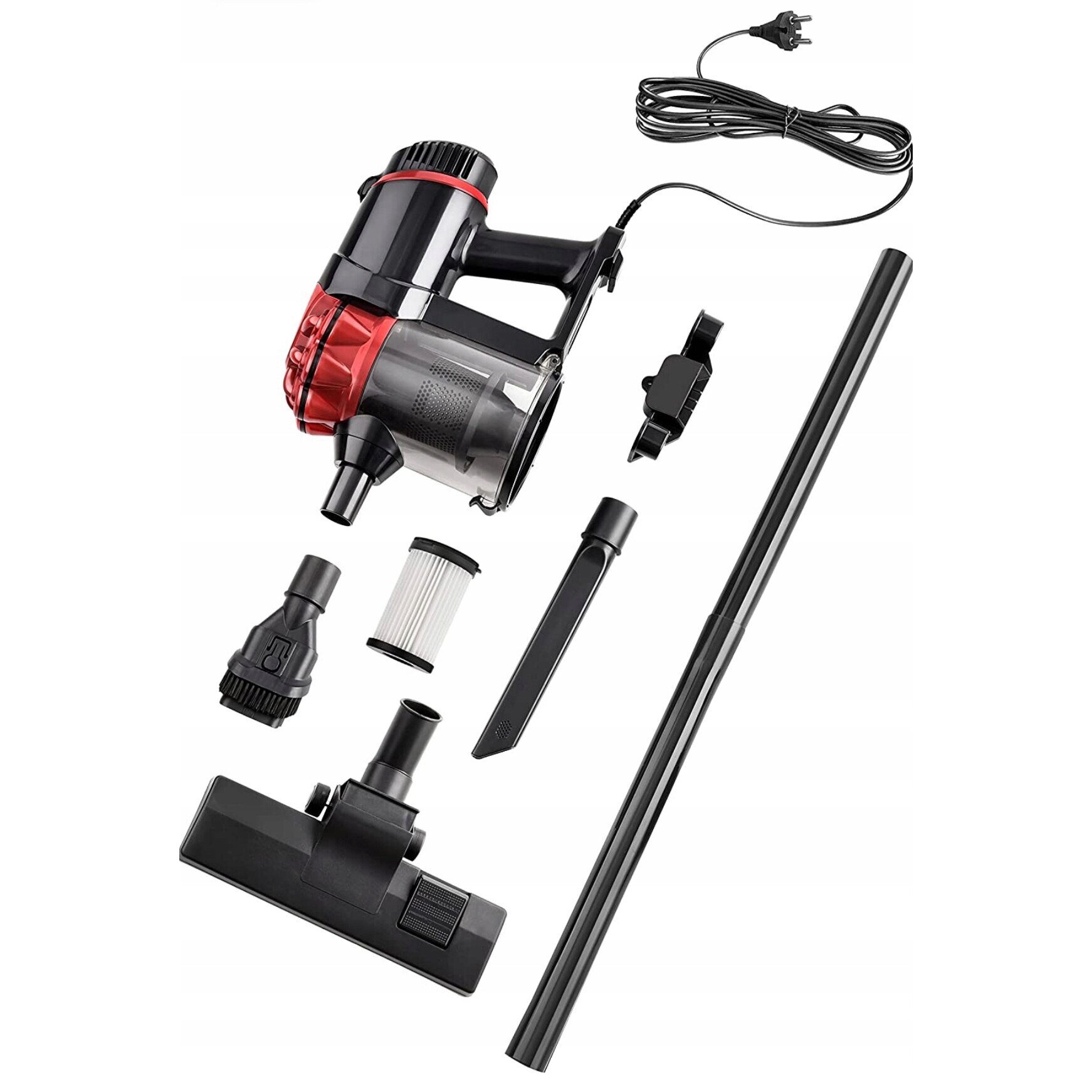 Aspirator vertical Venga, model VG HVC 3001, 2 in 1, fara sac, filtru HEPA, putere 600 W, negru cu detalii rosii