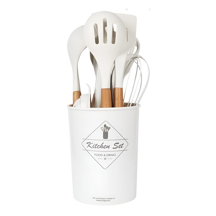 Set Premium Ustensile de Bucatarie din Silicon cu Manere din Bambus Ergonomice – Durabile, Sigur pentru Alimente, Rezistente la Temperaturi Inalte, Usor de Curatat si Organizat, Alb