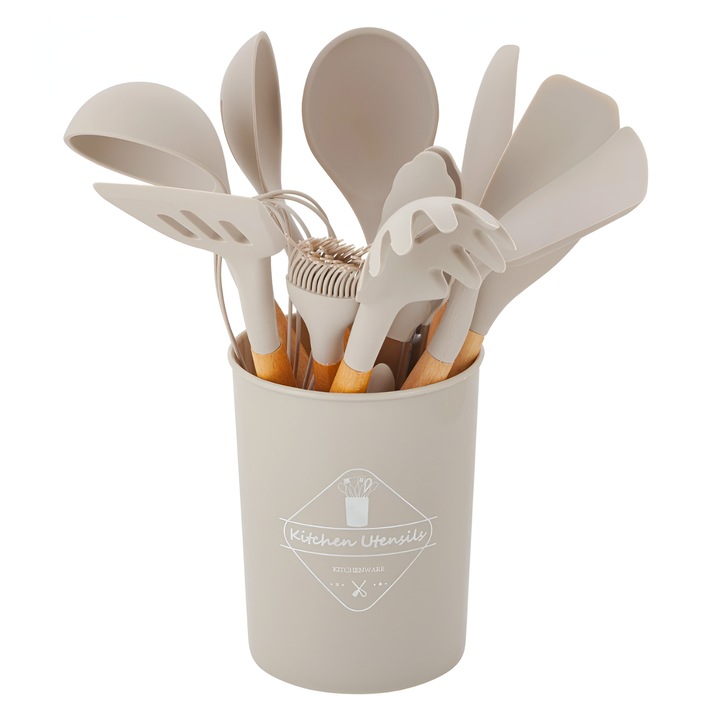 Set Premium Ustensile de Bucatarie din Silicon cu Manere din Bambus Ergonomice – Durabile, Sigur pentru Alimente, Rezistente la Temperaturi Inalte, Usor de Curatat si Organizat, Bej