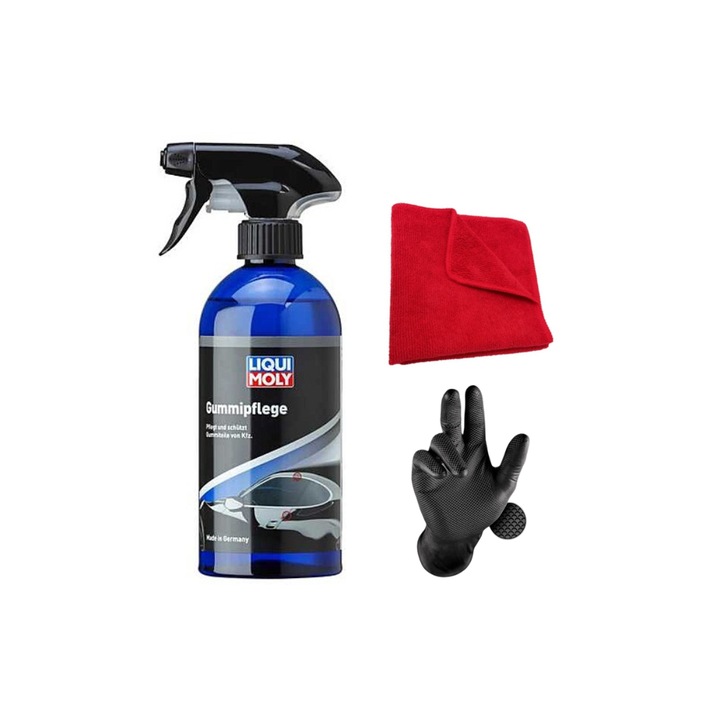 Set, Solutie Intretinere Cauciuc, Liqui Moly Gummi-Pflege, 500 ml, Laveta din Microfibra, Profesionala, 30x30 cm, 1 pereche manusi