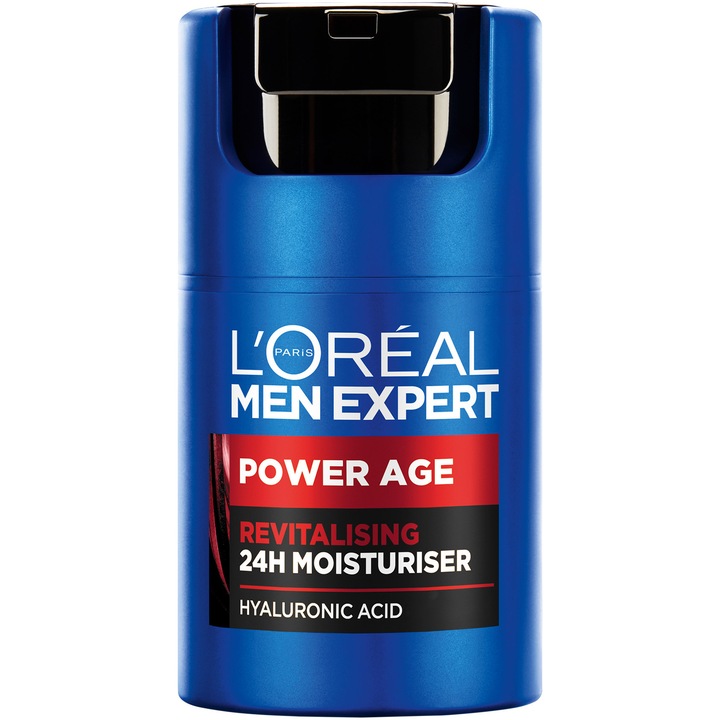 Крем за лице L'Oreal Paris Men Expert Power Age, Ревитализиращ, Хидратиращ, За мъже, Съдържа хиалуронова киселина, За суха кожа с признаци на стареене, 50 мл