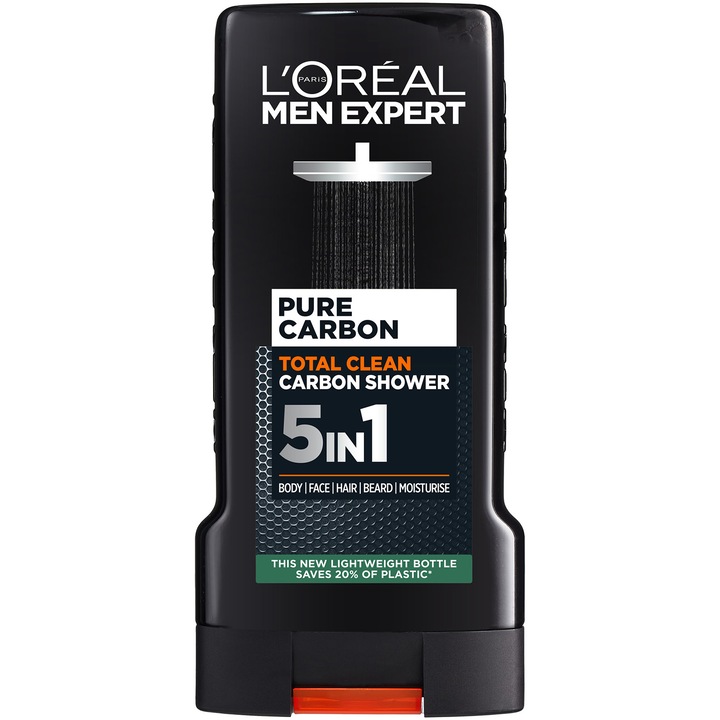 Душ гел L'Oreal Paris Men Expert Pure Carbon 5-in-1, Освежаващ, За мъже, Тяло, лице, коса, брада и хидратация, 300 мл