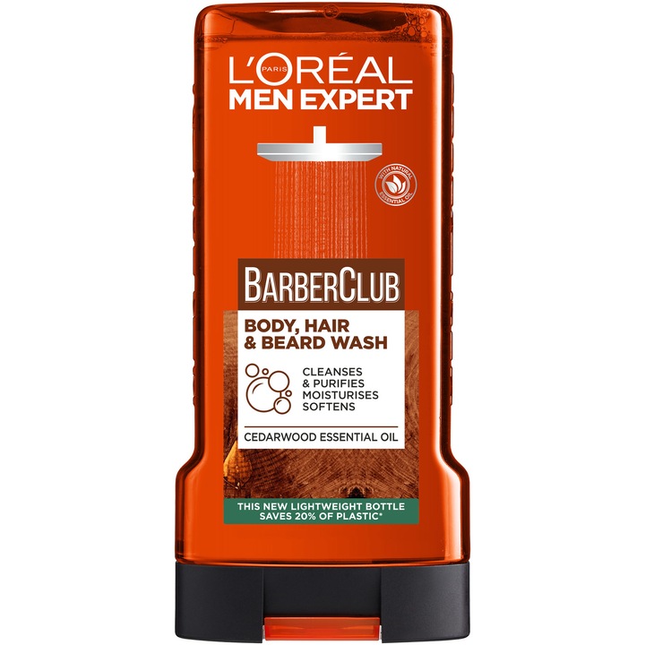 Душ гел L'Oreal Paris Men Expert Barber Club 5-в-1, Хидратиращ, За мъже, Тяло, коса и брада, Съдържа етерично масло от кедрово дърво, 300 мл