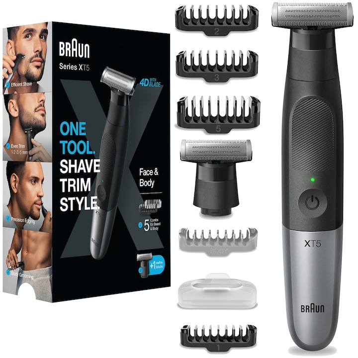 Braun Series X XT5110 Wet&Dry хибридна самобръсначка и тример за брада, 5 гребена, 1 глава за грижа за тялото, черен