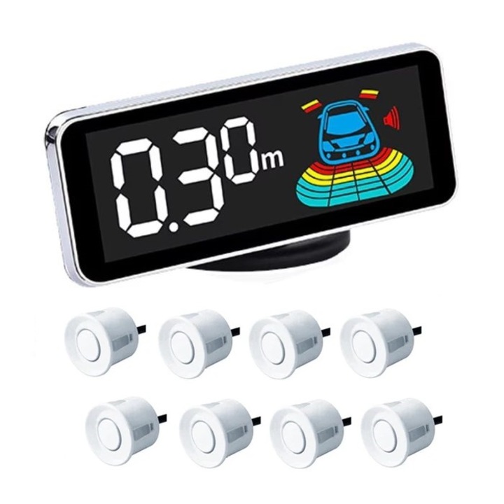 Fehér első és hátsó parkolóradar 8 szenzorral, LCD kijelzővel és hangjelzéssel