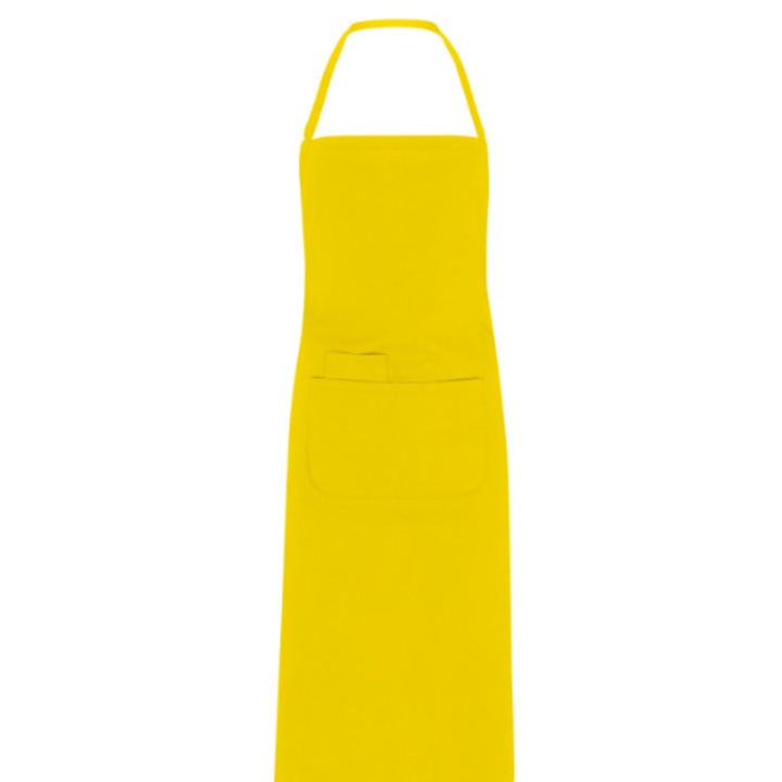 Sort lung galben cu bretea la gat de aceeasi culoare, doua buzunare in fata, unul interior si unul mare suprapus, bretele laterale