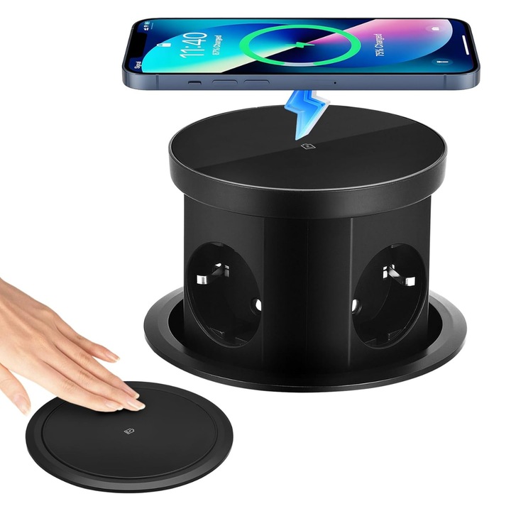 ATOMKIT® One Z 5-в-1 вграден контакт, 3 гнезда, 1 USB-A порт, 1 USB-C порт, 15 W безжично зареждане, изскачаща система, модерен дизайн за кухня, офис и търговски помещения, матово черно