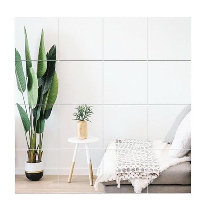 Set de 16 oglinzi acrilice autoadezive, pentru decorarea peretilor, 20x20cm, argintiu