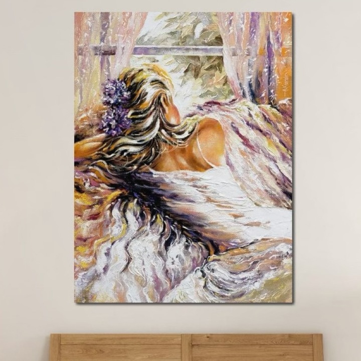 Премиум картина върху платно, LuxCanva® E1050, Утрото на мечтател, 100 X 135 CM, 100% памучно платно 400g/m2, дървена рамка, Изгрев, Прозорец, Мисли, Прозрачно, Магия, Хол, Ярки цветове