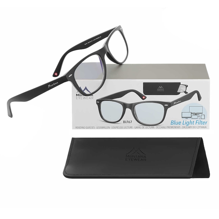 Ochelari de citit cu filtru Blue Light, Montana, model BLFBOX67, negru mat, +3.5, set complet