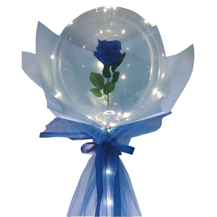 Trandafir in Balon LED cu Lumini, Flippy, Tip Buchet cu Snur si Tesatura Decorativa, Diametru 35 cm, Albastru