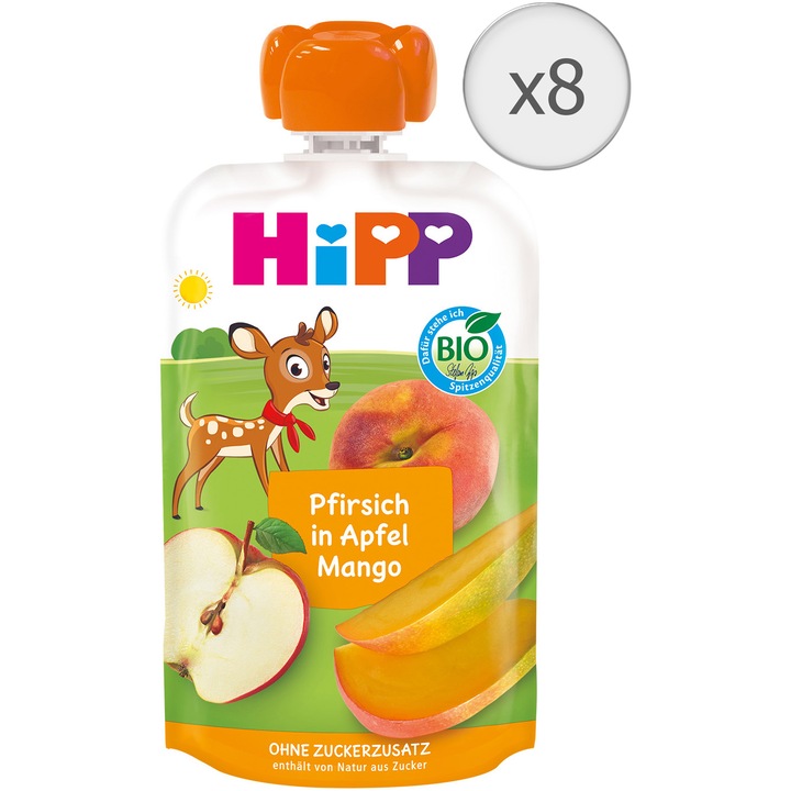 Pachet Piure de fructe Bio HIPP, mar, mango, piersica, 100g, de la 1 an, 8 buc.