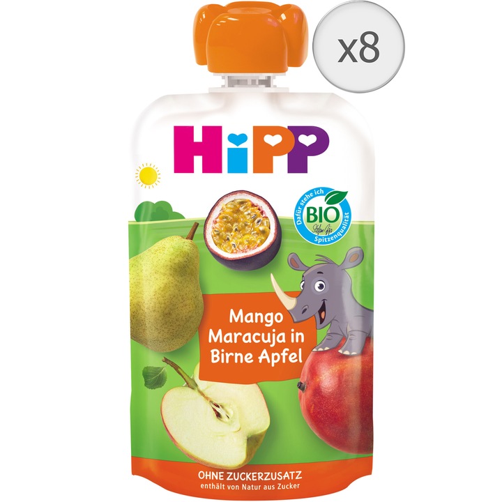 Pachet Piure de fructe Bio HIPP, para, mar, mango, fructul pasiunii, 100g, de la 1 an, 8 buc.