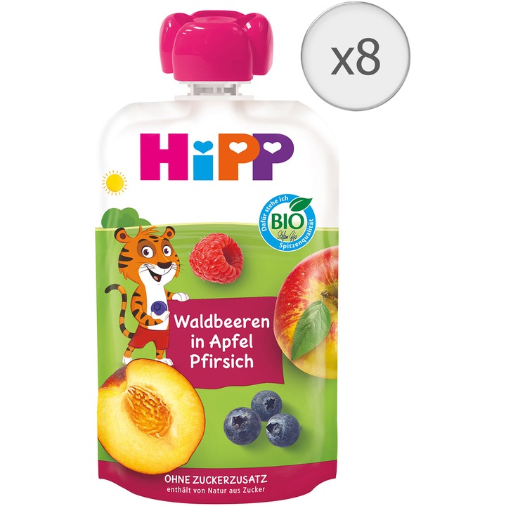 Pachet Piure de fructe Bio HIPP, mar, piersica, fructe de padure, 100g, de la 1 an, 8 buc.