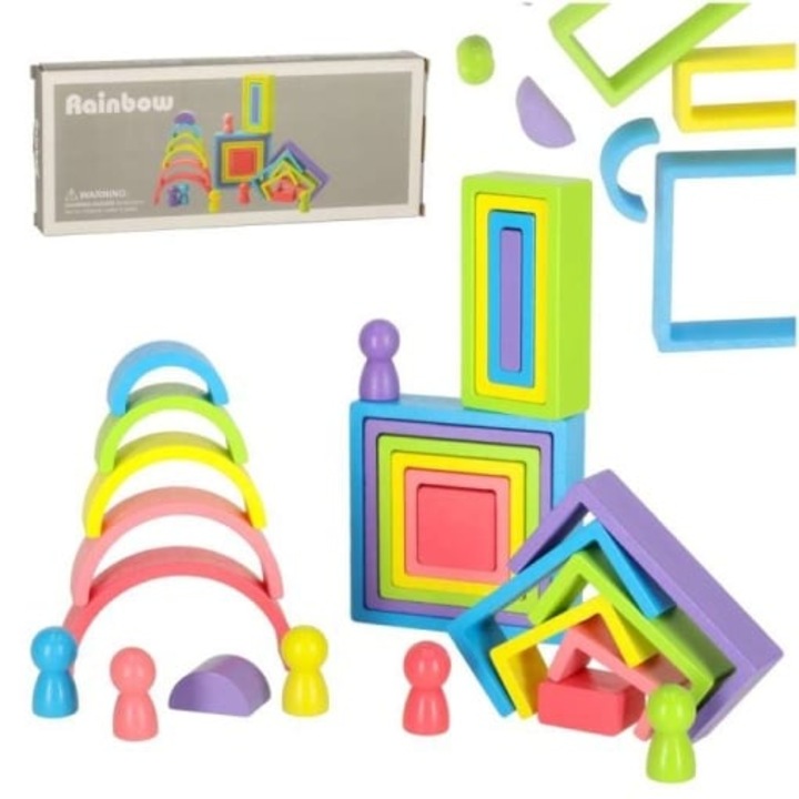 Set constructii din lemn, Montessori Rainbow, curcubeu si pitici 28 piese, diferite figuri