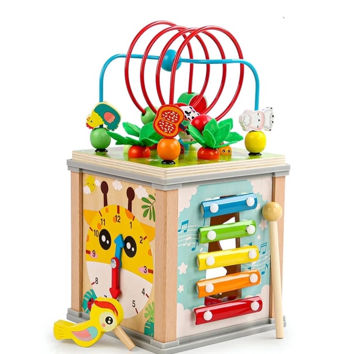 Cub Activitati Montessori 7 in 1, Pescuit, Xilofon, Ceas, Sortare fructe lemn