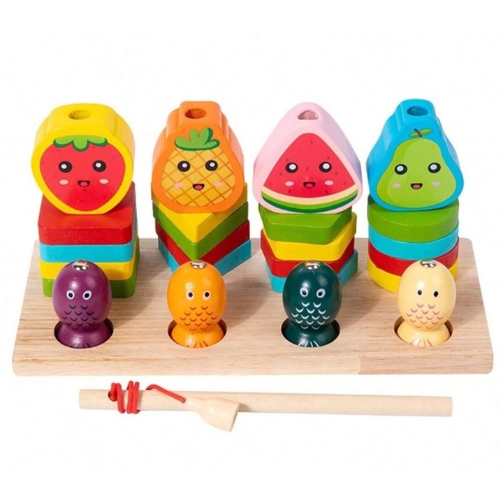 Joc de pescuit 2 in 1, sortator forme geometrice si pescuit, din lemn, Montessori, fructe