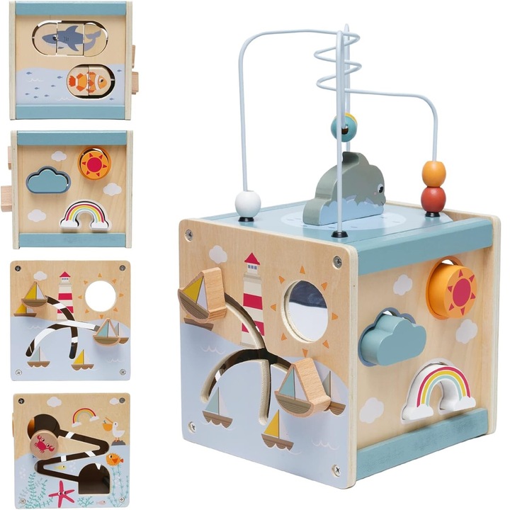 Cub activitati din lemn 5 in 1, Labirint cu animale marine, Activity Cube KABI Delfinul, joc educativ de tip Montessori