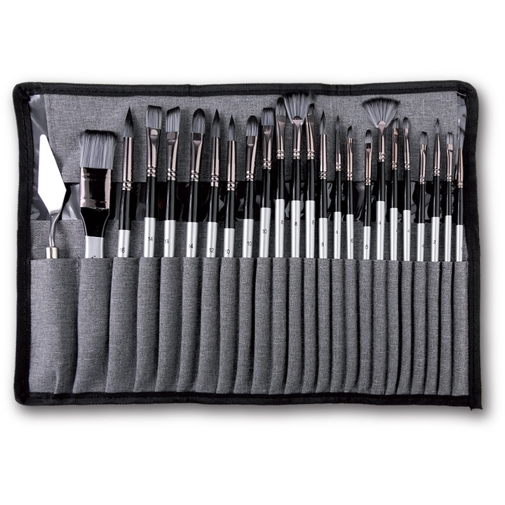 Комплект 23 четки, 1 шпатула, предпазен калъф, професионални за рисуване, NEBO