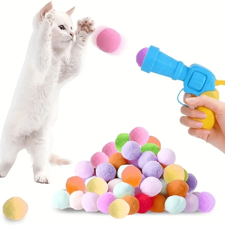 Jucarie interactiva pentru pisici ALL FOR CATS, pistol jucarie cu lansator si 20 bile pufoase, potrivit pentru alergare si sport pisica, multicolor