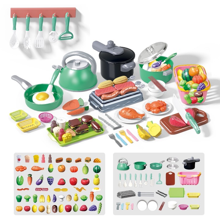 Комплект детски кухненски аксесоари KidProtect® Pro Chef, чайник, тиган, тенджера, месо, зеленчуци, прибори за хранене, кошница, 92 аксесоара, без BPA, симулация на готвене