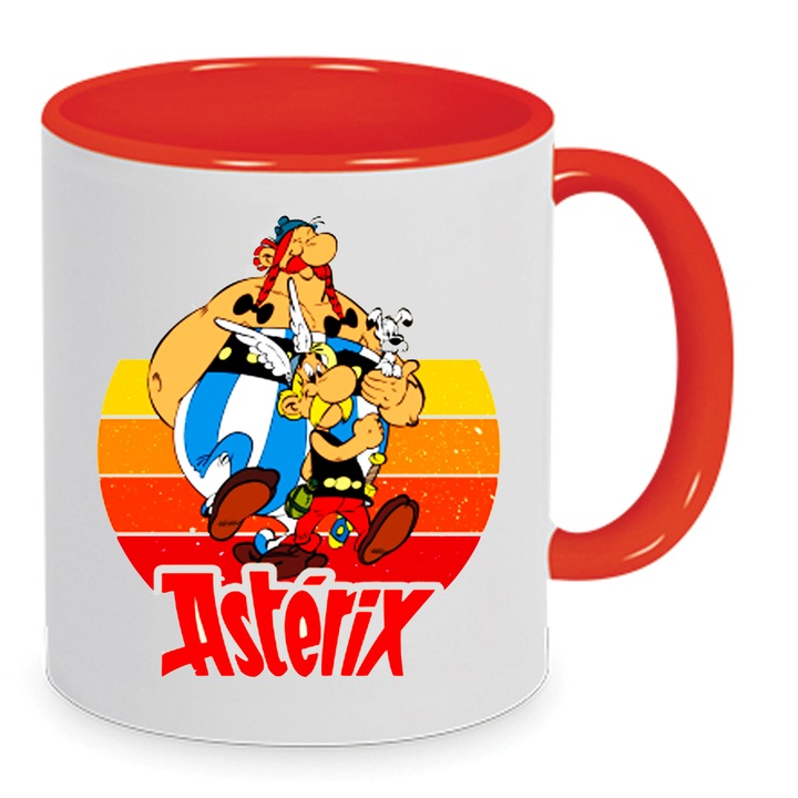 Cana ceramica Asterix & Obelix, alb-rosu, 330ml