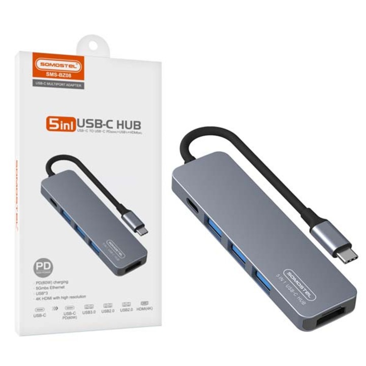USB хъб, Somostel, SMS-BZ08, 60W, 1xTYP-C, 2xUSB 2.0, 1xUSB 3.0, 1xHDMI 4K, 26 см