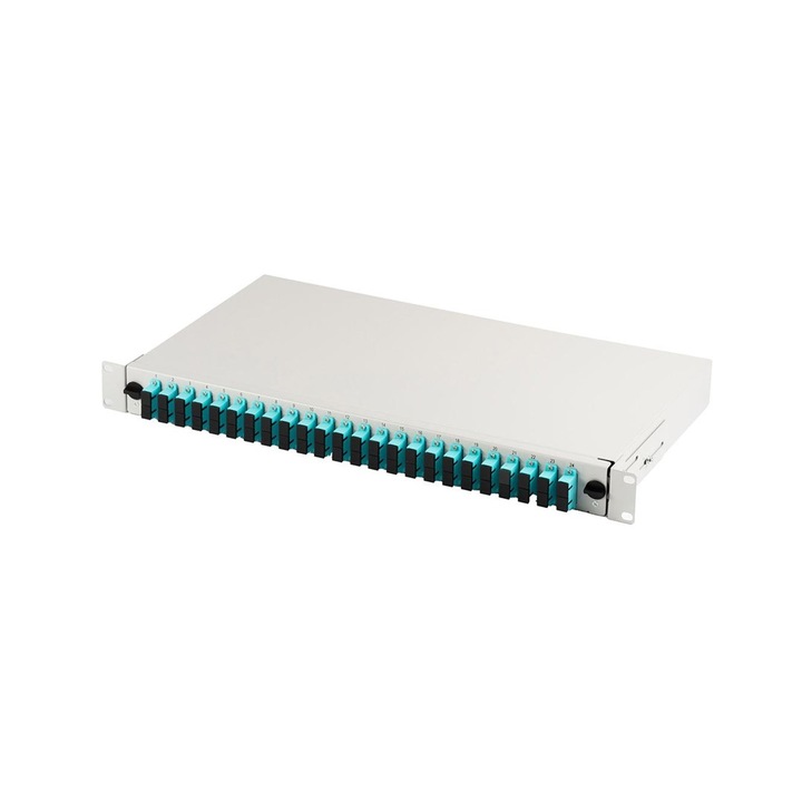 FO пач панел с оборудване 19'' 1U, 24x SC dx, OM3, адаптери, плъзгащ се, сив