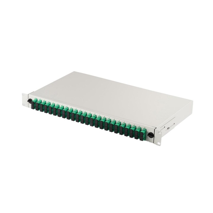 FO patch panel 19'' 1U berendezéssel, 24x SC APC jobb, OS2, adapterek, tálcák, szürke