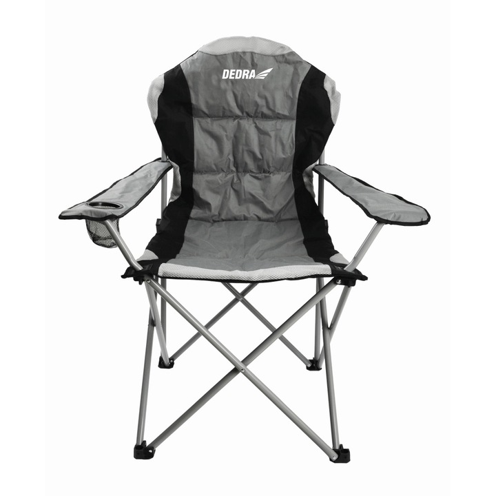 Scaun de camping pliabil, Dedra, Otel/Bumbac, 90x58x110 cm, Gri/Negru