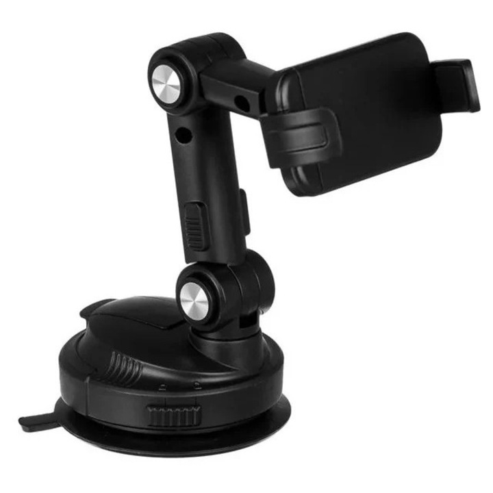 Mobiltelefon-tartó, autó műszerfalára, tapadókoronggal, 360°-ban forgatható, 10x8.5.5x9.5 cm, fekete színű