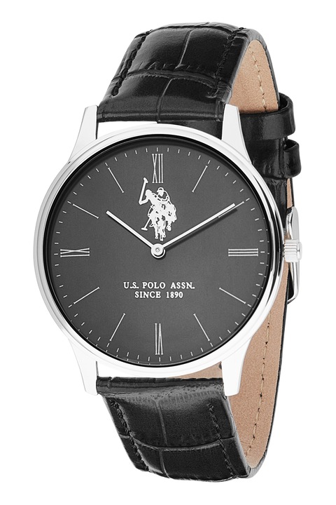 U.S. Polo Assn., Часовник с каишка с шагрен, Сребрист, Черен