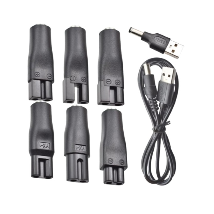 Cablu de alimentare compatibil cu aparatul de ras Philips, USB, cu 6 adaptoare universale, Aisdelu®, Negru