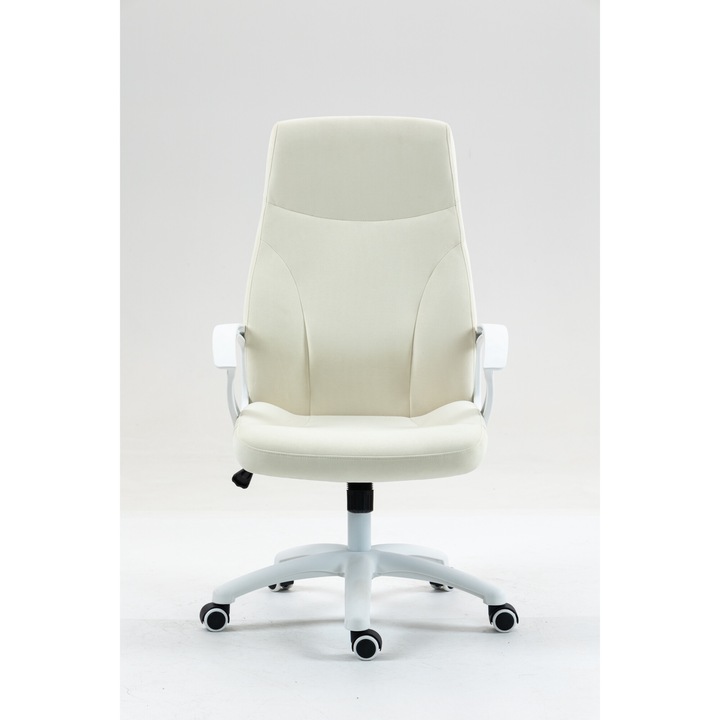 Офис стол Kiwari Mom, висока облегалка, бяла рамка, фиксирани ръце, седалка от пяна и плат, механизъм тип пеперуда, найлонова основа, PU колела, бял