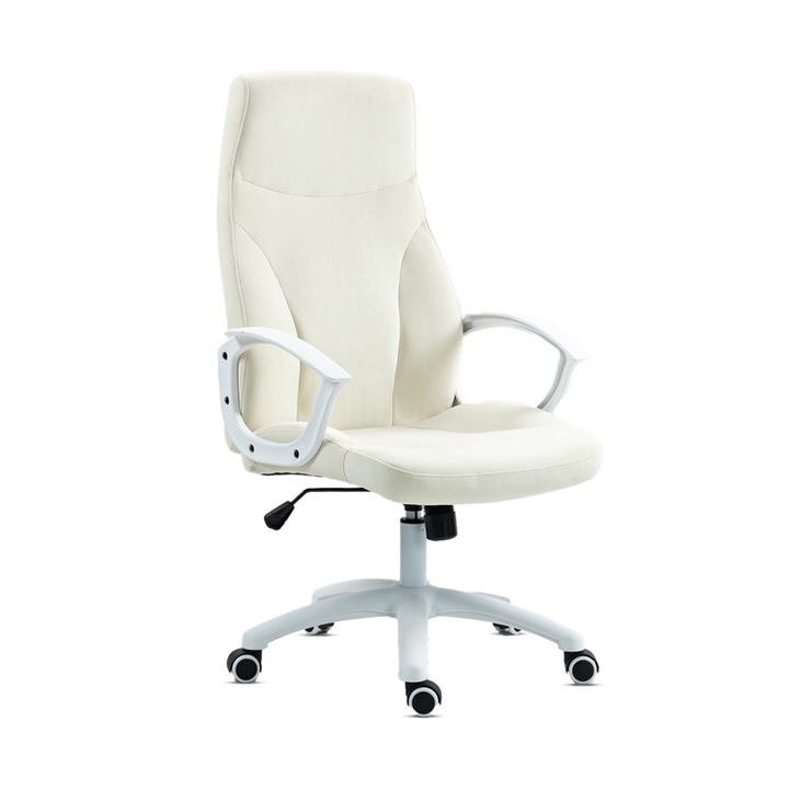 Scaun birou Kiwari® Mom, spatar inalt, cadru alb, brate fixe, sezut cu spuma si tesatura, mecanism fluture, baza nylon, roti PU, Alb