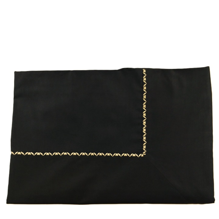 Cearsaf cu elastic, pentru pat de 200 x 200 x 40 cm, Casa Bucuriei, model Rustic, negru/crem, bumbac 100%, chenar brodat, 280/280 cm