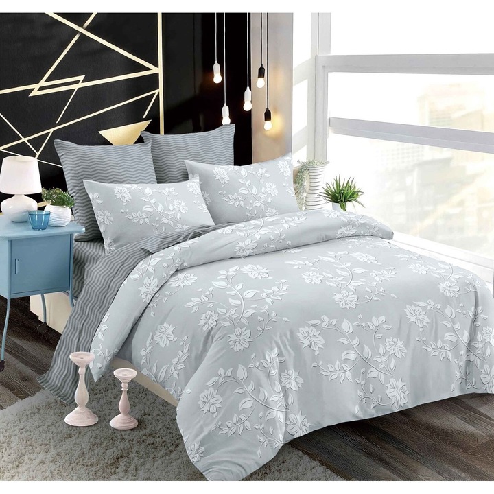 Set Lenjerie CHIRASO, din FINET, pentru 2 persoane, 6 piese, Cearceaf de pat cu elastic 180 x 200 cm, Cearceaf pilota 200 x 230 cm, 2 fete de perna 70 x 70 cm, 2 fete de perna 55 x 80 cm, cu imprimeu flori si frunze, gri deschis